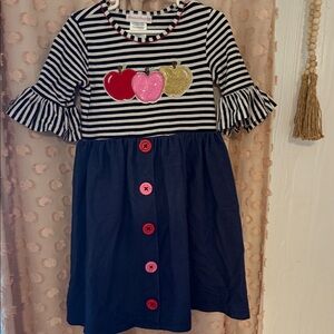 Bonnie Jean Navy and Pink Striped Dress with Apple Accents